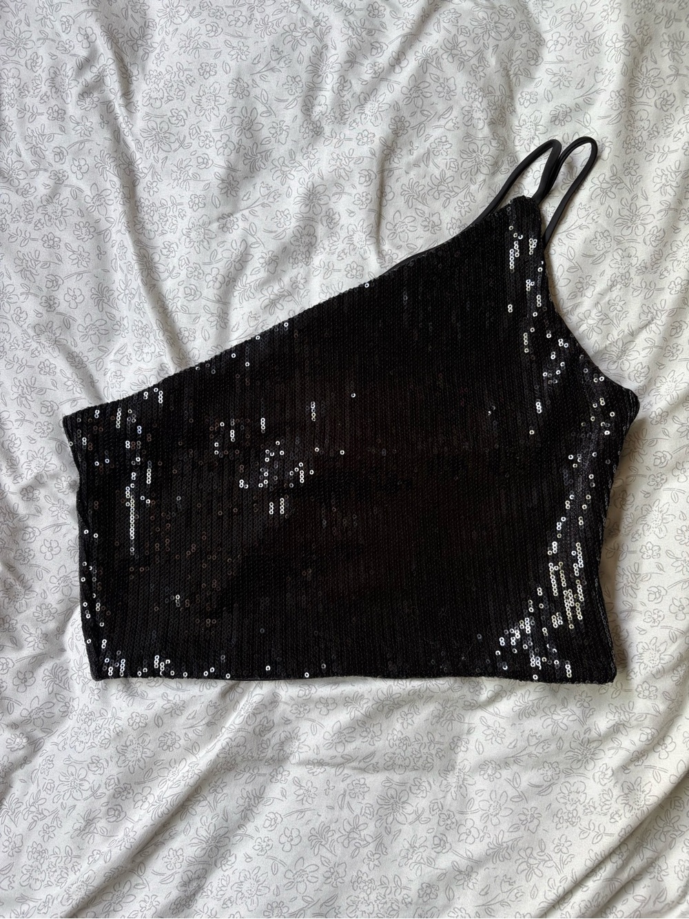 Forever 21 Black Sequin Sparkly One Shoulder Strap Crop Tank Top Size Small